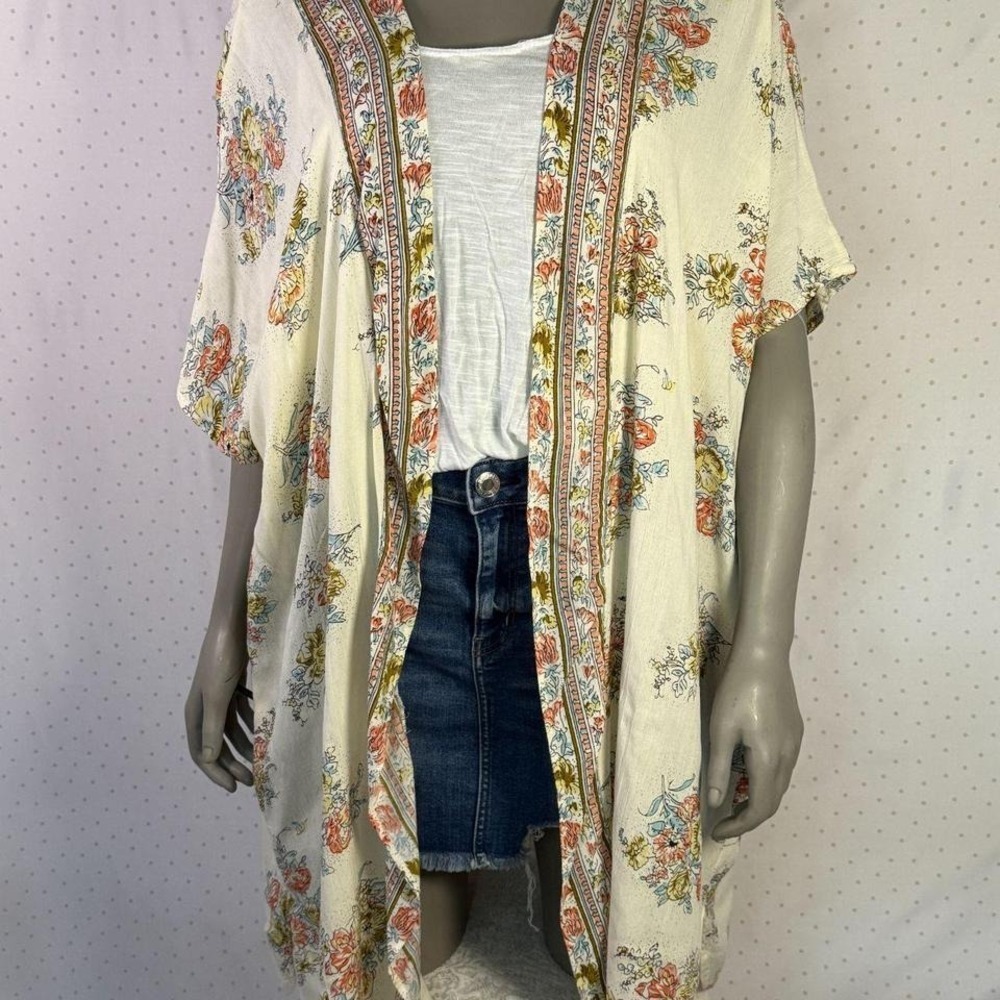 Angie Boho Cream Floral Rayon Kimono Duster Festival L Cottagecore Cardigan